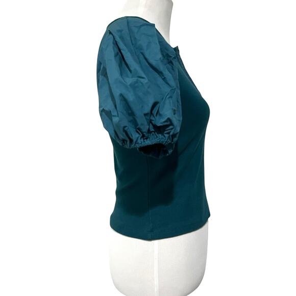English Factory Top Puff Sleeve Henley Blouse Teal Blue Stretch Knit Size Small - Picture 8 of 10